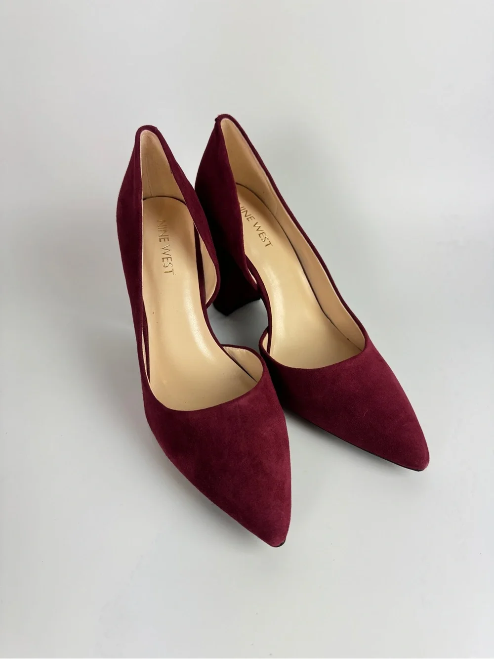 Nine West Burgundy Suede Pointed Block Heel Pumps
